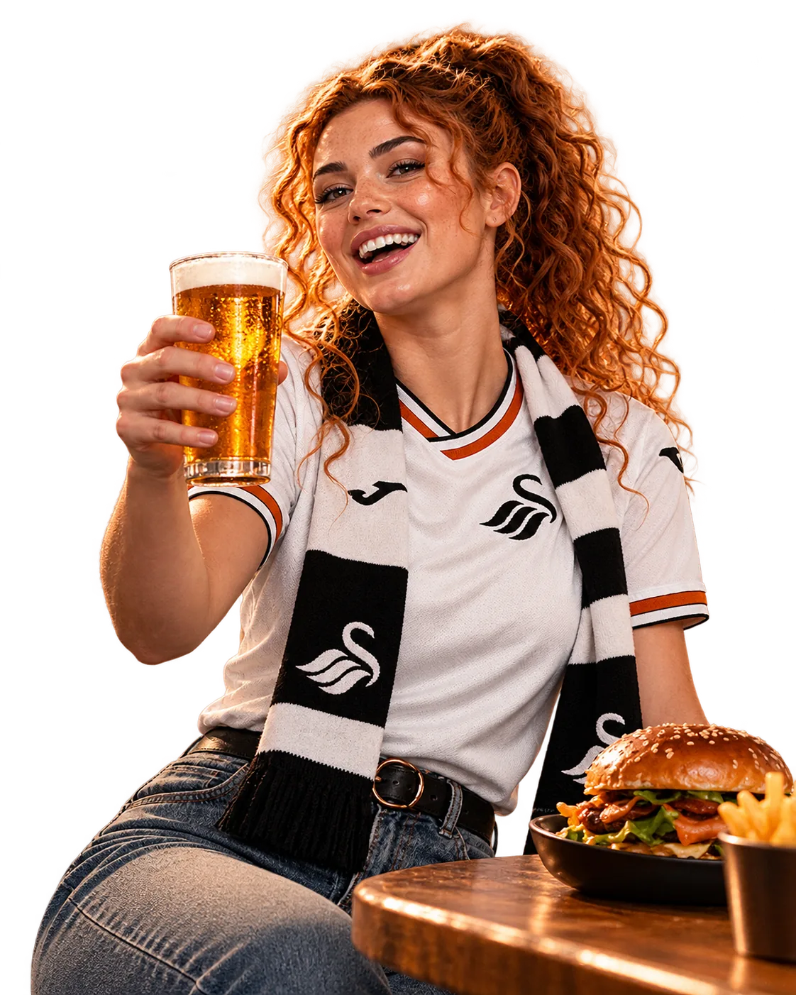 A Swansea fan in the home shirt and scarf raising a pint, with a burger and fries on the table