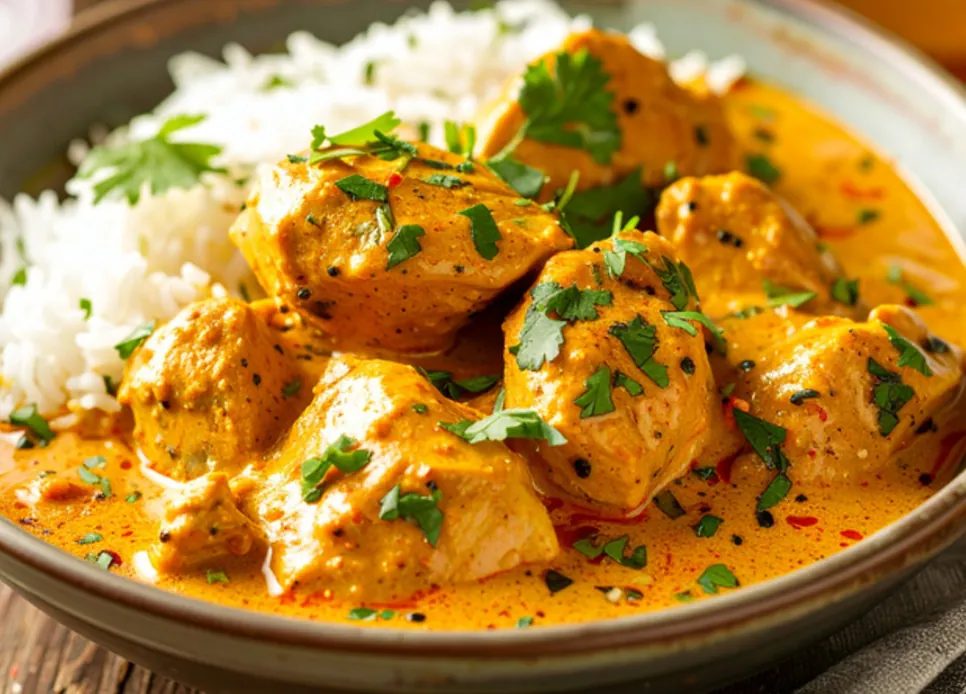 A creamy chicken curry with rice