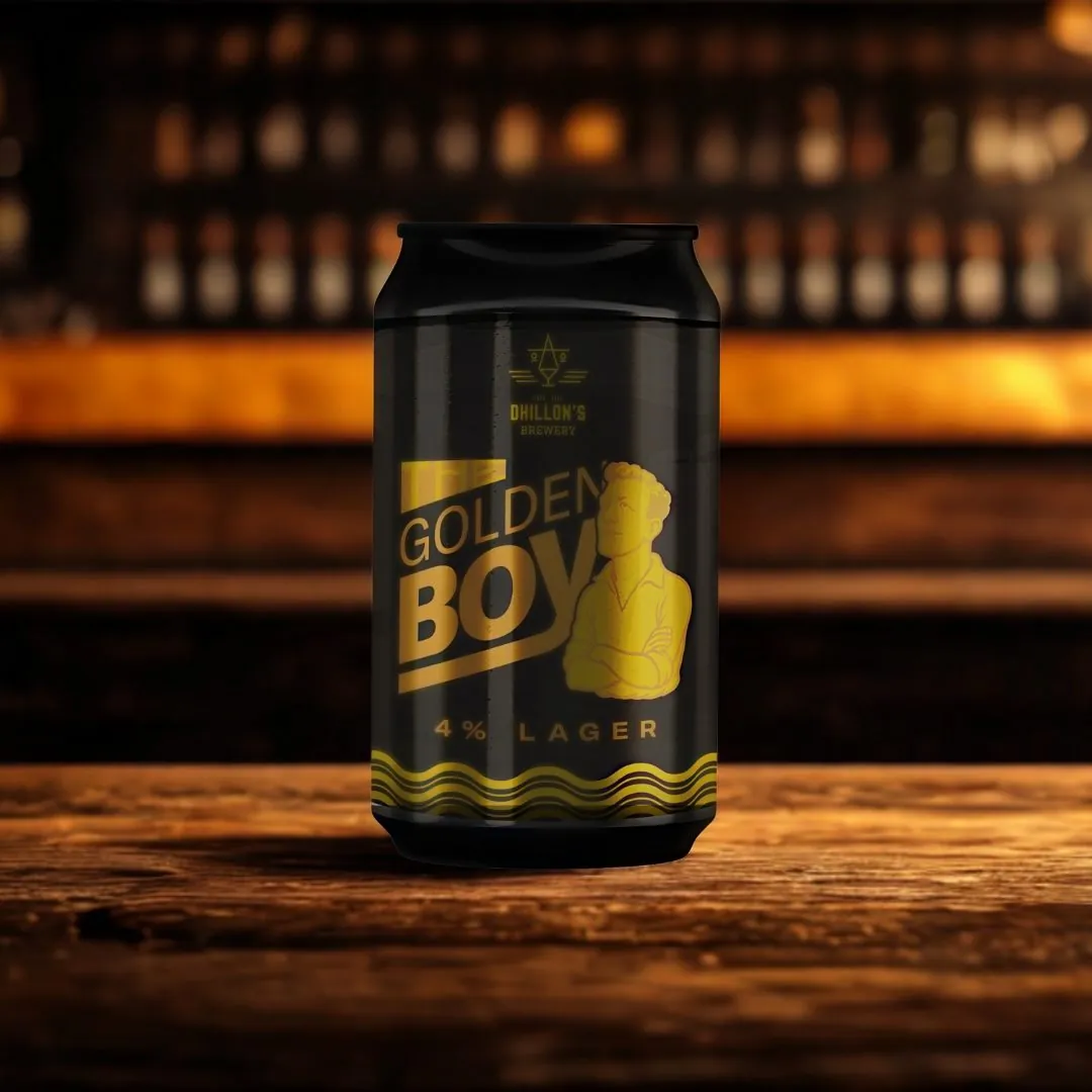 A can of The Golden Boy lager on a bar