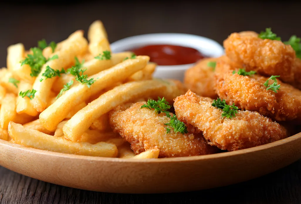 Chicken nuggets and fries with ketchup